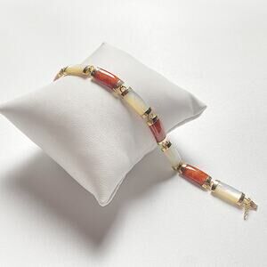14K Gold Jade & Mother of Pearl Link Bracelet 7.5" Vintage China
